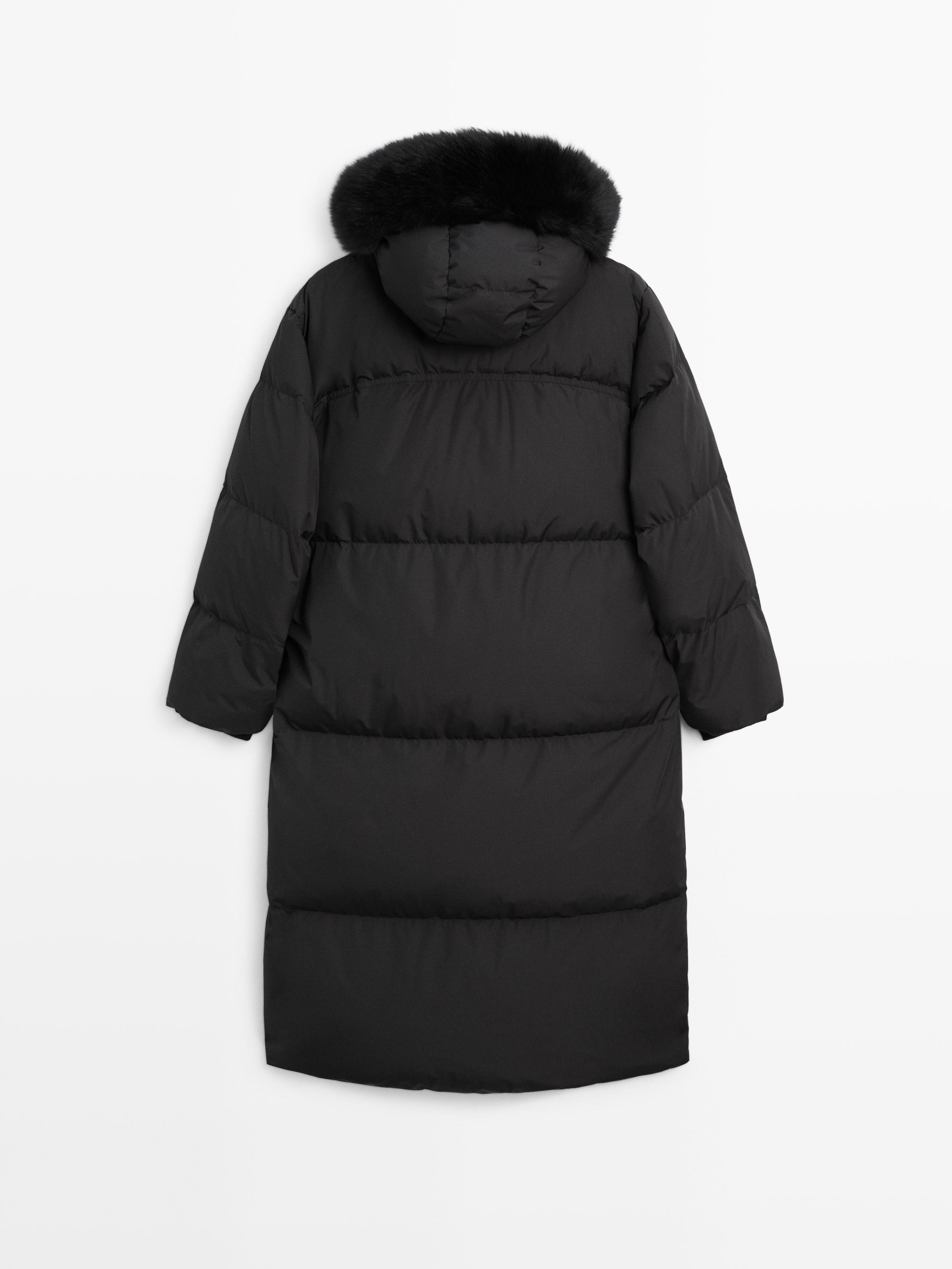 Technical down jacket with faux fur hood